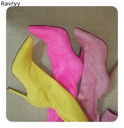 Boots Candy Colour Elastic Woman's Long Suede Leather Pointed Toe Thin Heel Autumn Over-the-knee Boot Party Club Female Shoes