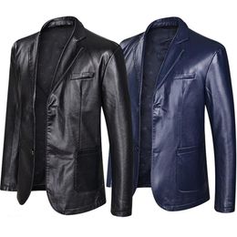 Men Leather Casual Blazer Jacket Fashion Loose Lapel Leather Suit Plus Size Black Blue Male Tops2784