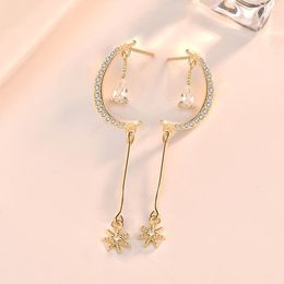 Chains S925 Sterling Silver Micro-inlaid Zircon Star And Moon Earrings Female Retro Baroque Style Fashion Tassel