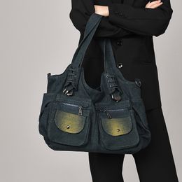 Y2K Vintage Denim Evening Shoulder denim bag with Large Capacity and Multi-pocket Design - Blue Spice Girl Tote, Jean Purse, Handbag, and Underarm denim bag (230824)