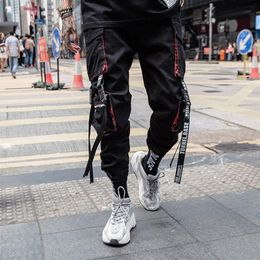 Men's Pants Summer Fashion Webbing Hip-hop Mens Europe and America Style Cargo Pants Casual Men Multi-pocket Black Trousers S256Y