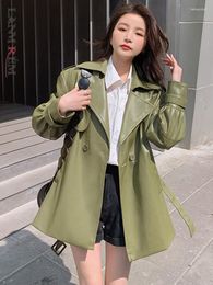 Women's Leather LANMREM PU Jackets Women Fashion Lapel Belt Double Breasted Green Coat Streetwear 2023 Autumn Clothing 21846