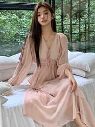 Casual Dresses Chiffon Lantern Sleeve Mid-long Dress Sweet Bandage V-neck Pink Female Spring Vestidos College Wear 8285
