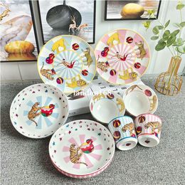 Ceramic Tableware Suit Cartoon Animals Style Plate Cups and Saucers Rice Bowl For Children Use Dining Sets Circus tableware289v