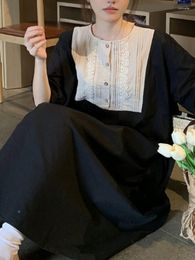 Casual Dresses Lace Edge Pleated Black Female Autumn 2023 Long Sleeve Vestidos Simple All-match Loose Skirt O-neck Women Dress