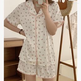 Women's Sleepwear Women Pyjamas Suit Summer Two Pieces Print Sleep Set Lapel Satin Pyjamas Intimate Lingerie Casual Home Clothes