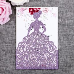 Gorgeous Laser Cut Light Purple Glitter Pretty Princess Invitations Cards For Birthday Cards Sweet Quinceanera Sweet 16th Engagement ZZ