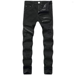 Men's Ripped Jeans Fashion Pencil Solid Colour High Waist Ripped Trousers Zipper Design Close-Fitting For Men