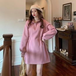 Women's Hoodies Nice Winter Korean Loose And Thickened Hooded Waist Zipper Design Medium Length A-line Dress Women Cotton