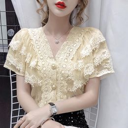 Women's Blouses Vintage Crochet Stitching Ruffle Shirt Women V-neck Elegant Lace For Short Sleeve Back See Through Sexy Tops 14175