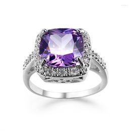 Cluster Rings Fashion Purple Gems CZ Silver Color Ring Size 6 7 8 9 10 Charming Nice Women Wedding Jewelry Party Gift Wholesale