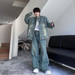 Men's Tracksuits SYUHGFA Menwear Two Piece Denim Jacket Baggy Jean 2023 Autumn Streetwear Korean Style Fashion Clothing Vintage Loose Set