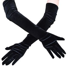 Five Fingers Gloves 53CM Women Golden Velvet Long Autumn Winter Warm Black Evening Dress Etiquette Retro Style Banquet Accessories Elasticity 230824