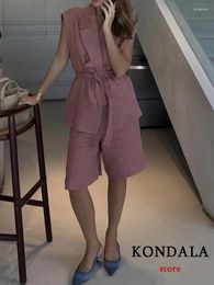 Women's Tracksuits KONDALA Vintage Solid Luxury Slim Fashion 2023 Summer Women Suit Elegant Belt Sleeveless Long Vest Wide Leg Drawstring