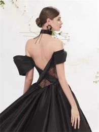 Black Ball Gown Wedding Dresses Hepburn Vintage Style One Shoulder Satin Large Trail HS3109