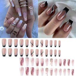 False Nails 24pcs Long T-shape Fake Round Head French Nail Glitter Powder Rhinestone Waterproof Faux Medium Fingernails