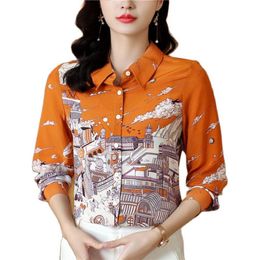 2023 Fashion Runway Satin Women Blouses Designer Top Long Sleeves Lapel Formal Button Up Shirts Beautiful Spring Fall Ladies OL Si179f