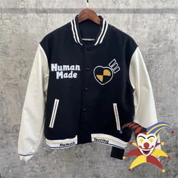 Men's Jackets fw Human Made Varsity Baseball Jacket Men Women Towel Embroidery Leather Sleeve Bomber Jackets Coats 230823