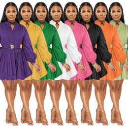 Casual Dresses S-2XL Solid Colour Stand Collar Long Sleeve Women's Dress Fashion Belted Short Women Clothing Maxi