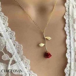 Chains CHICLOVIN Ins Style Women Fashion Simple Red Rose Floral Leaf Chain Necklace Charming Pendant Jewellery
