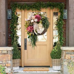 Wreaths & Garlands Farmhouse Pink Hydrangea Wreath Rustic Home Decor Artificial Garland for Front Door Wall Decor NEWEST Q0812232C