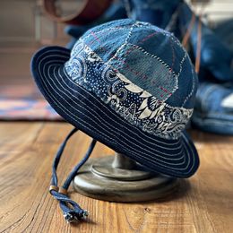 Wide Brim Hats Bucket Kendo Cloth Basin Cap Men's and Women's Onesize Casual Japanese Handmade Blue Dye Patch Ribbon Fisherman Hat 230823