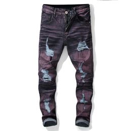 Men's Jeans Trendy Ripped Purple Men Slim Fit 2021 Tight Ankle Motor Biker Pants Punk Rock Hole Color Contrast259q