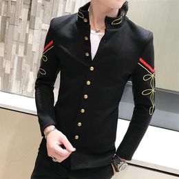 4 Colour Gold Button Chinese Collar Suit Jacket Slim Fit Mens Blazer Pattern Army Pilot Jacket Men Black Blue Red White Blazer257K