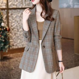 Women's Suits Women Fashion Office Wear Vintage Jackets Cheque Blazers Coat Long Sleeve Pockets Female Outerwear Chic Tops