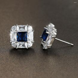 Stud Earrings Geometric Royal Blue Stone Square For Women Silver Color Metal White Zircon Wedding Ear Studs Engagement Jewelry