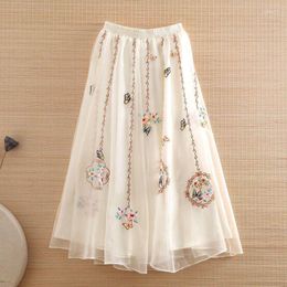 Skirts Embroidery Floral Women Pleated 2023 Chinese Style High Waist Loose A-LINE Spring/Summer Retro Skirt YCMYUNYAN
