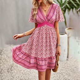 Party Dresses Women Summer Fashion V-neck Print Flower Bohemian Style Beach Elegant Temperament Dress Casual