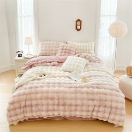 Bedding sets Gradient Pink Purple Grey Luxury Faux Rabbit Fur Velvet Fleece Princess Bedding Set Plush Soft Duvet Cover Bed Sheet Pillowcases 230823