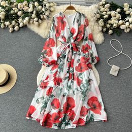 2024 Spring and summer thin chiffon printed dress waistband show slim temperament V-neck lantern sleeves retro long skirt