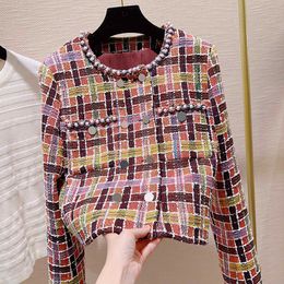 Women's Jackets Fashion High Quality Beading Trim Retro Colorful Plaid Tweed Jacket For Women Silk Lining Double Breasted Outerwear Lady 230823