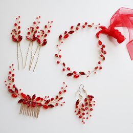 Hair Clips Red Color Crystal Women Jewelry Accessories Plant Combs Handmade Head Decoration Tiara Ornament