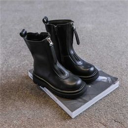 Boots Kids Long Boots Fashion Designer Black Pu Leather Boys Girls Autumn Boot Front Zipper Mid-calf Chic Children Winter Flat Shoes L0824