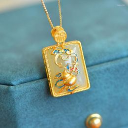 Chains Creative Natural Hetian Jade Enamel Porcelain Gourd Square Pendant Vintage Exquisite Necklace Wedding Ladies Silver Jewellery