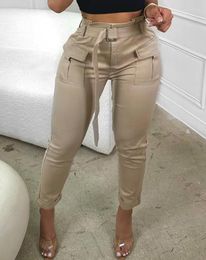 Women's Pants 2023 Autumn Fashion High Waist Pocket Design Casual Plain Daily Long Cargo With Belt