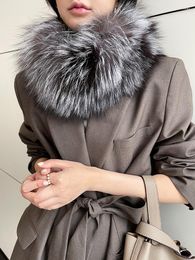 Scarves Women Real Fur Scarf Collar Winter Warm Neckerchief Shawl Wraps Silver