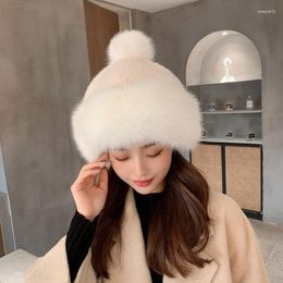 Berets 2023 Women Faux Fur Bomber Hat With Pompom Warm Snow Cap Lady Windproof Winter Hats Casual Fashion Russian Outdoor