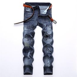 Fashion light blue Jeans men 38 40 42 plus size student jeans denim men ripped blue embroidered jeans275H