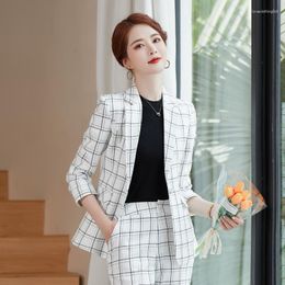 Women's Two Piece Pants Women Elegant Vintage Plaid Suit Blazer Jacke Coat Top And Pant Set Matching Outfits Chic Prom Party Clothing 2023