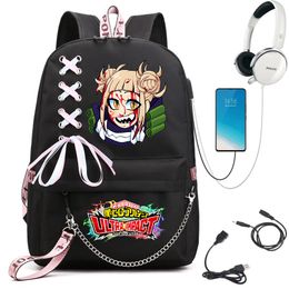 School Bags Student Backpack Anime My Hero Academia Himiko Toga Girls Bag Rucksack Usb Port Travel Mochila 230823