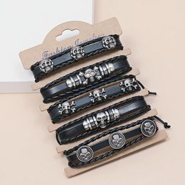 Charm Bracelets 5Pcs/ Set Braided Wrap Leather For Men Vintage Diy Suit Skull Halloween Bracelet