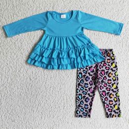 Clothing Sets GLP0333 girl long sleeve blue multi ruffles top match Colourful leopard leggings fall outfit 230823