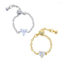 Cluster Rings Adjustable Size Silver Gold Colour Chain Ring With Heart Zirconia CZ Simple Design Womens Girl Jewellery