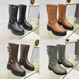 Women Boots Designer BULKY LACE Boots Leather Cowboy Loafers Winter Buckle Platform Boots Desert Knight Boots Size 35-41