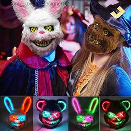 Hot LED Glowing Cosplay Bunny Bear Face Mask Scary Bloody Killer Mask Neon Horror Rabbit Mask Halloween Masque Party Supplies Q230824