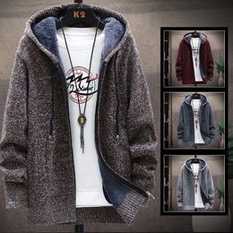 Men's Sweaters FALIZA Hooded Cardigan Knitted Sweater Mens Solid Colour Thick Fleece Wool Casual Knitwear Male Clothing Sweaters for Men MXY117 230823